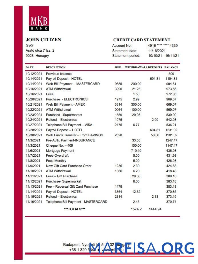 Blank Hungary MKB bank statement excel sample